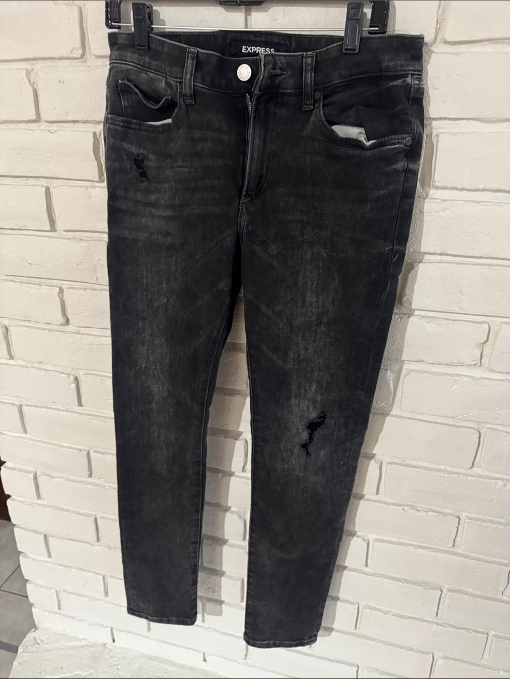 Express Men's Washed Black Skinny Jeans with Subtle Distress